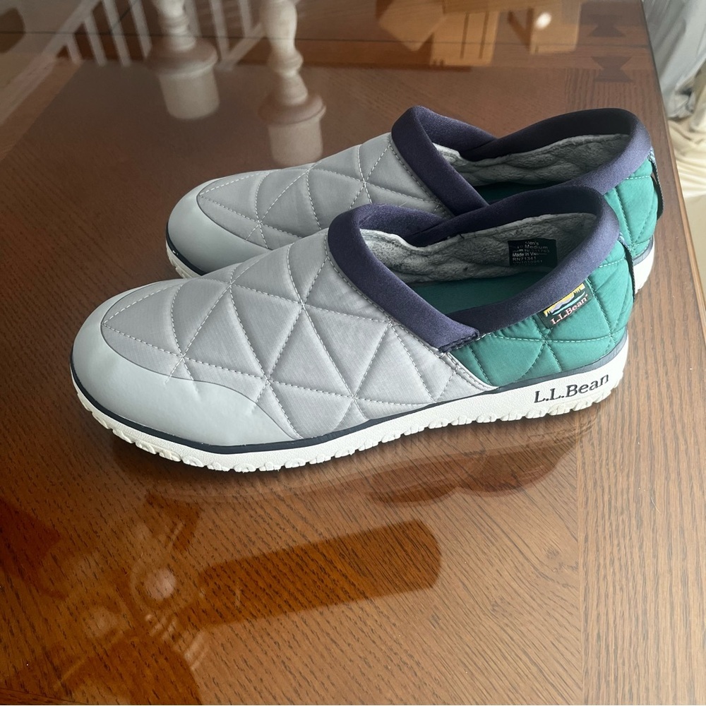 L.L. Bean Ultralight PrimaLoft Gray and Green Quilted Slip-On Loafers